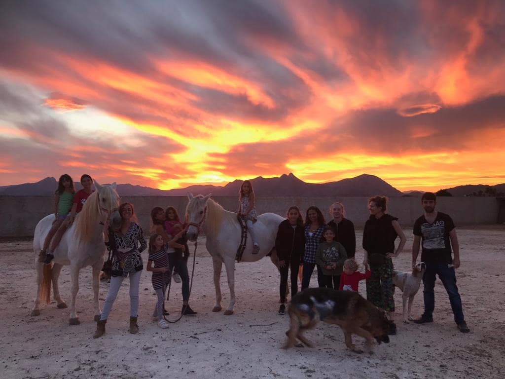Grupo con los caballos del rancho al atardecer